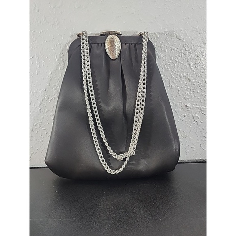 Black Satin Clutch Bag With‎ Silver Color Chain And Kiss Clasp